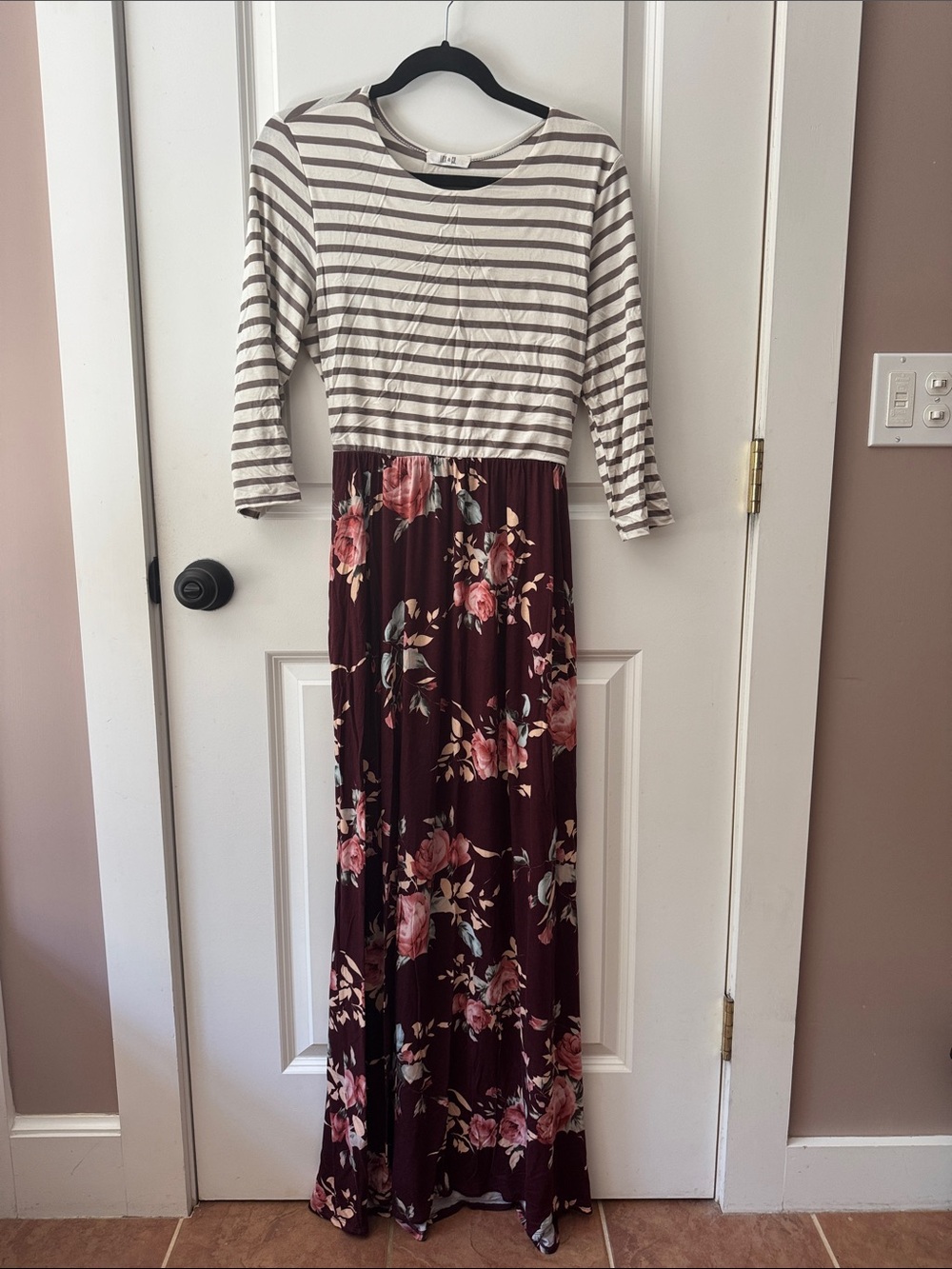 Striped Top Burgundy Floral Maxi Dress with Pink Accents